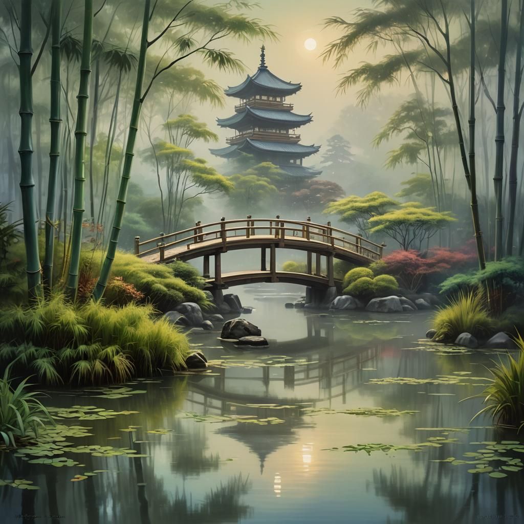 Ethereal Japanese Garden Landscape in Soft Light