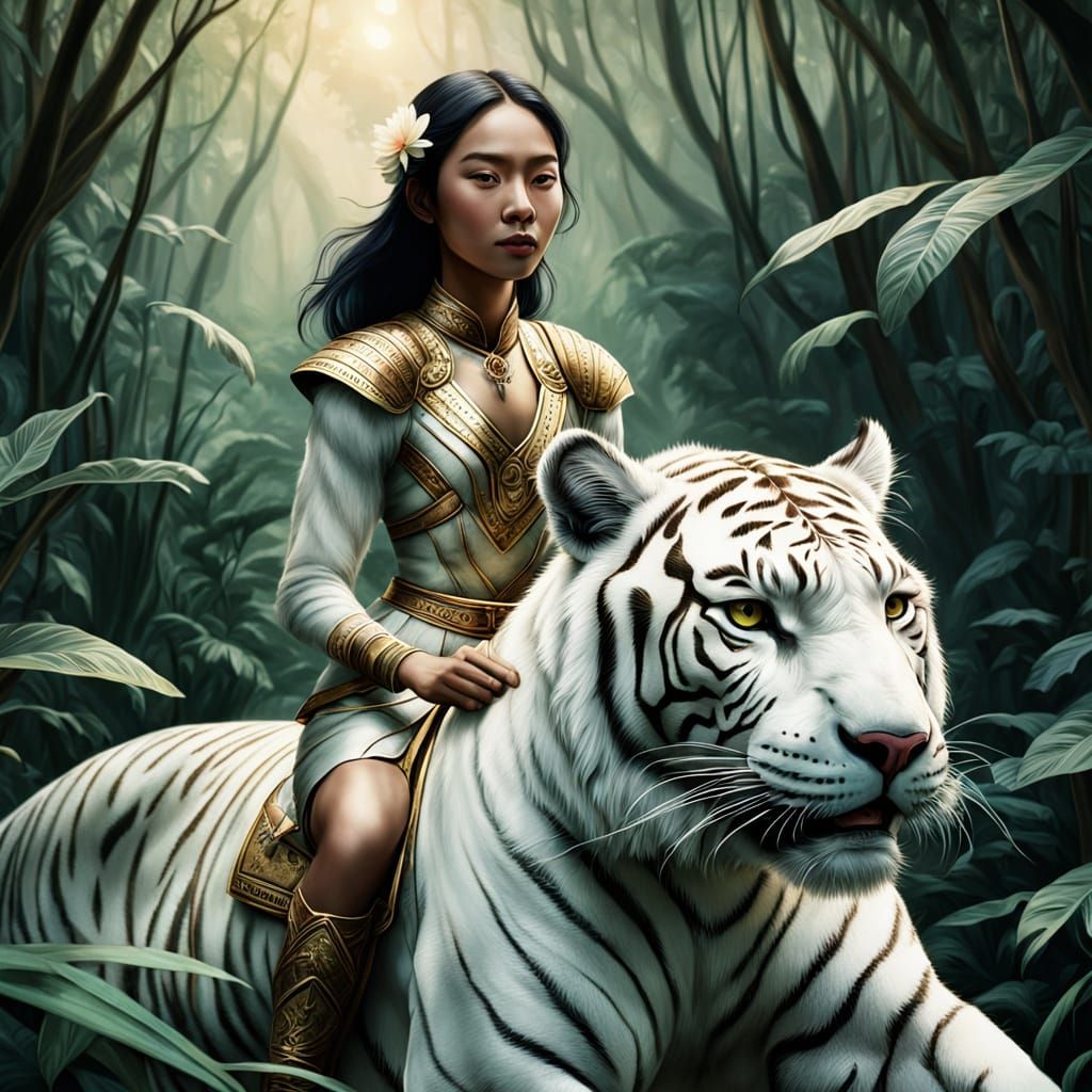 Indonesian Woman Rides White Tiger in Vintage Photography St...