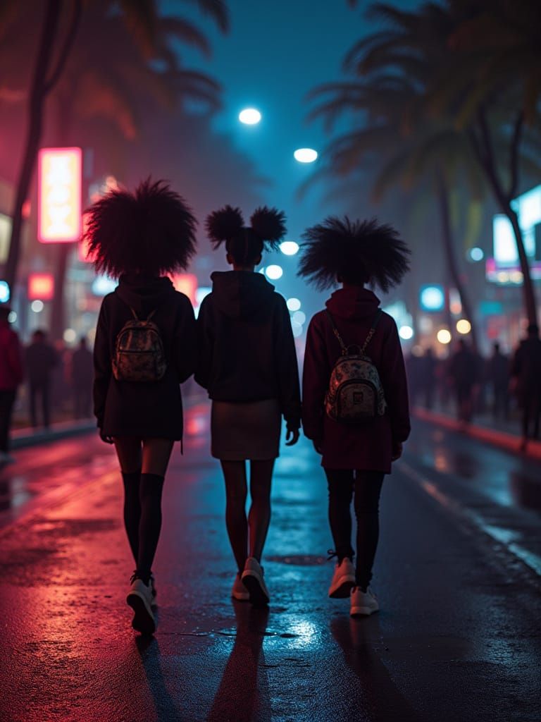 Sultry Cyberpunk Goddesses Stroll Through Neon-Lit Metropoli...