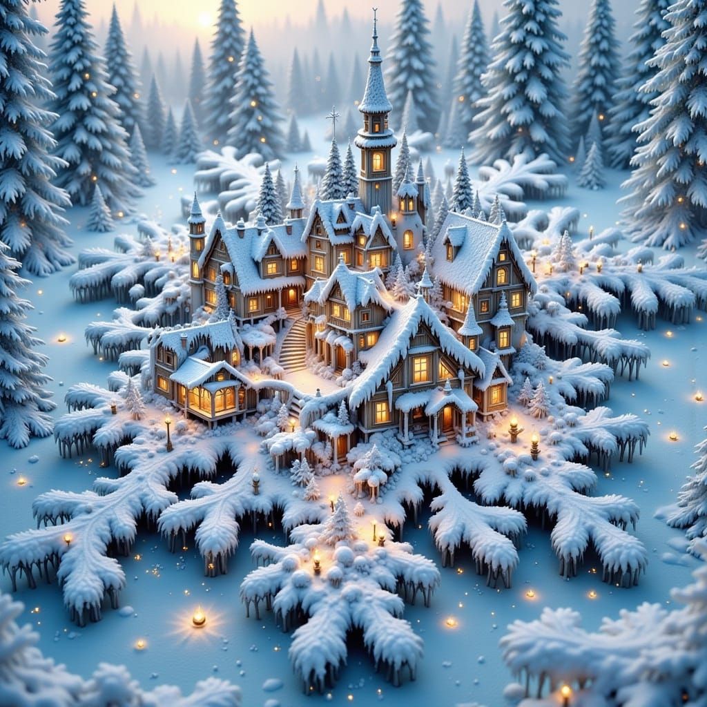 Surreal Winter Village on Giant Snowflake at Night