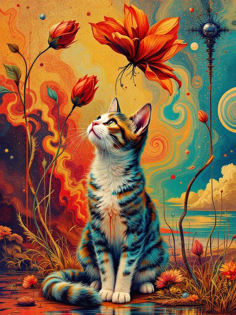 Surreal Cat and Flowers Under Spiral Clouds