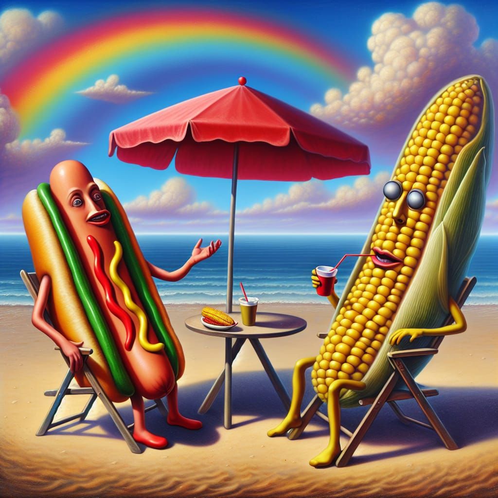 Hyper-Realistic Beach Scene with Talking Hot Dog and Corn