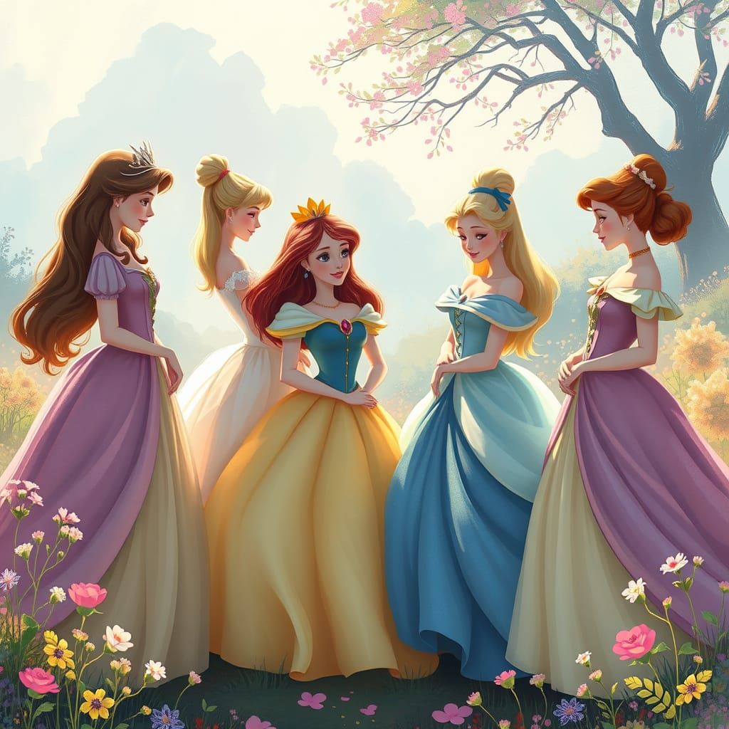 Disney Princesses Together in Impressionist Fairytale Landsc...