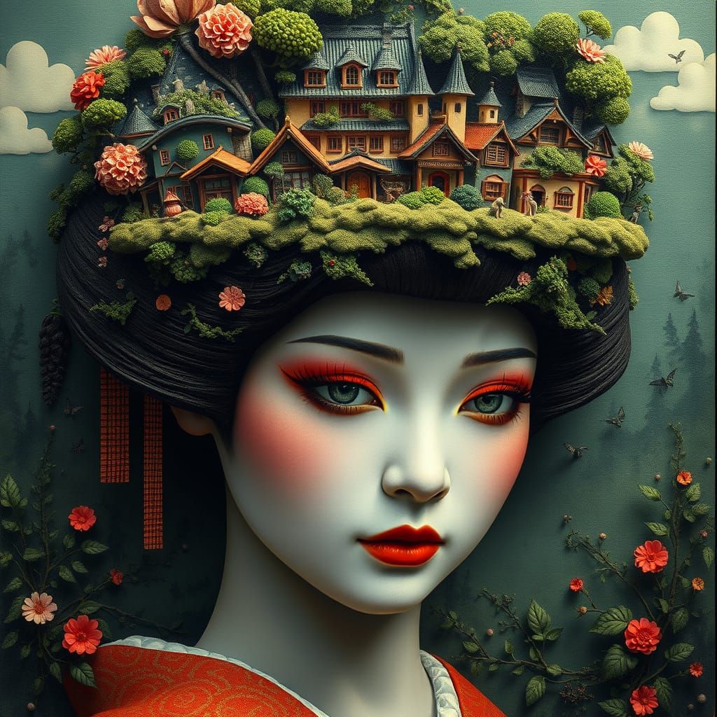 Surreal Geisha Goddess in Whimsical Miniature Landscape