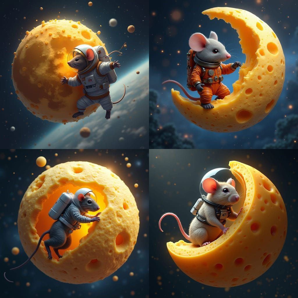 Whimsical Cheese Moon with Mouse Astronaut in Orbit
