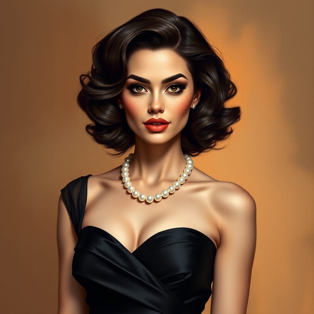 A digital painting of a glamorous portrait against a textured brown background. The subject wears a strapless black sati...