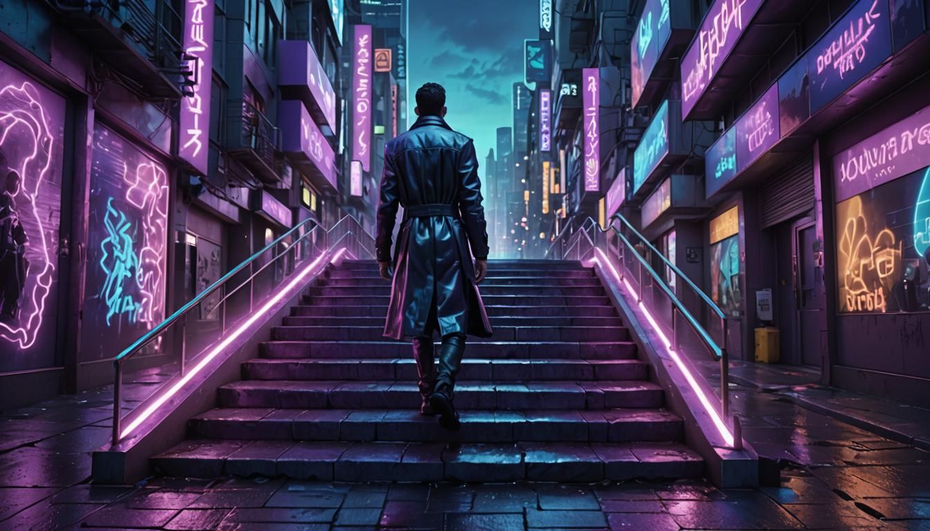 Hypermodern Figure Descends in Cyberpunk Cityscape