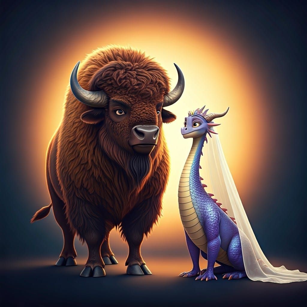 Fantastical Wedding of a Bison and a Dragon in Vibrant Digit...