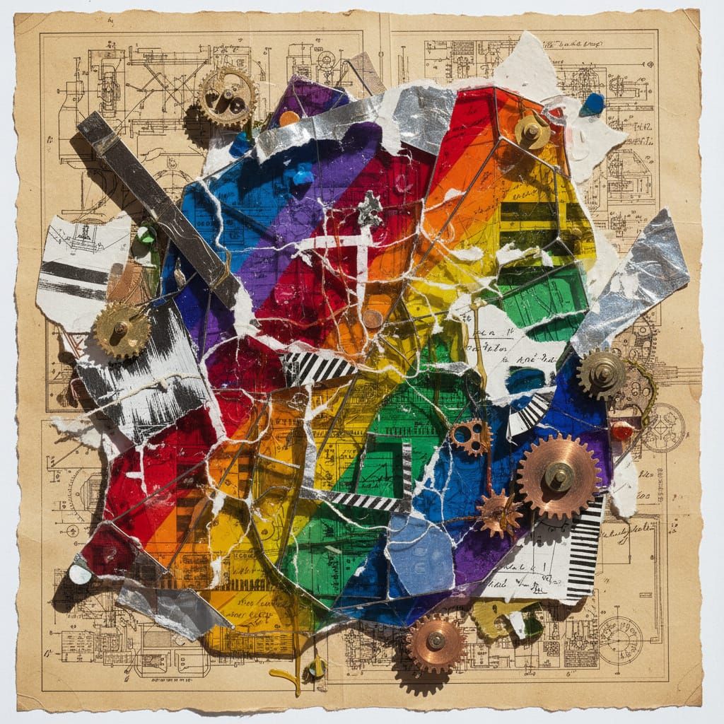 Mechanical Prism Collage with Vibrant Shapes