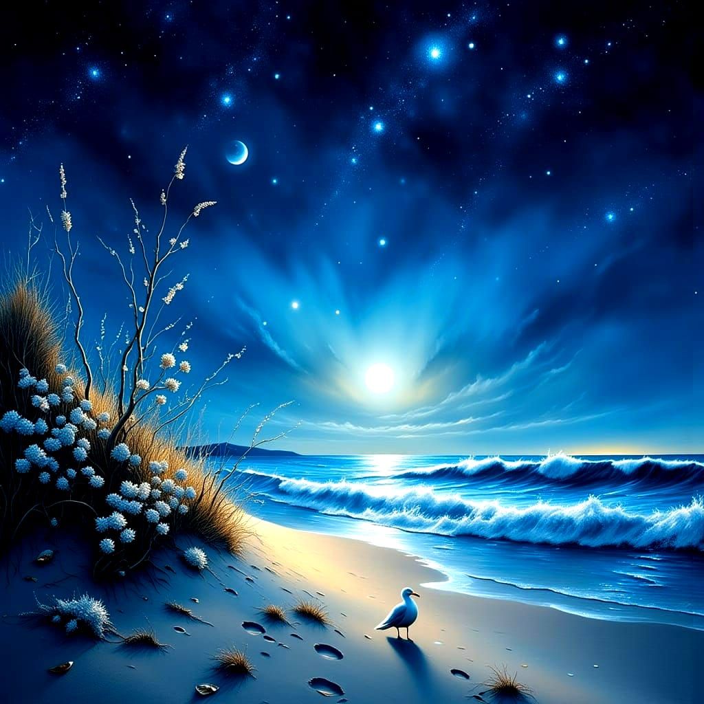 Midnight Beach Oasis Under Starry Skies