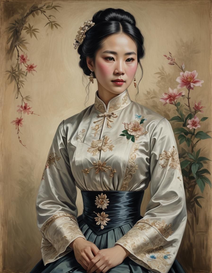 A beautiful young Victorian Chinese woman in a Victorian era dress, half body potrait, oil on canvas