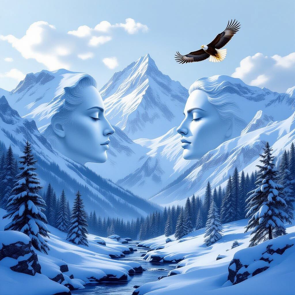 Serene Mountain Range with Hidden Faces, Dreamlike Optical I...