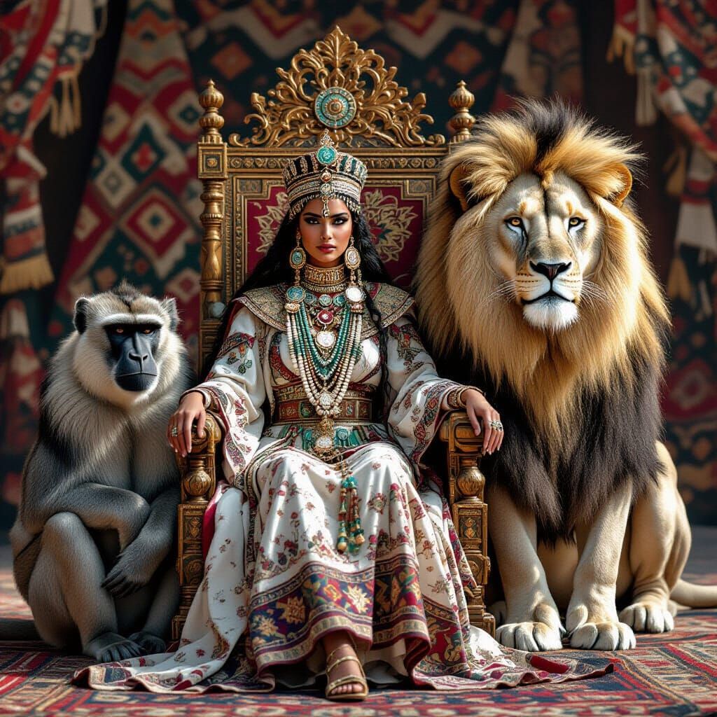 Queen Kahina on Throne with Lion and Baboon