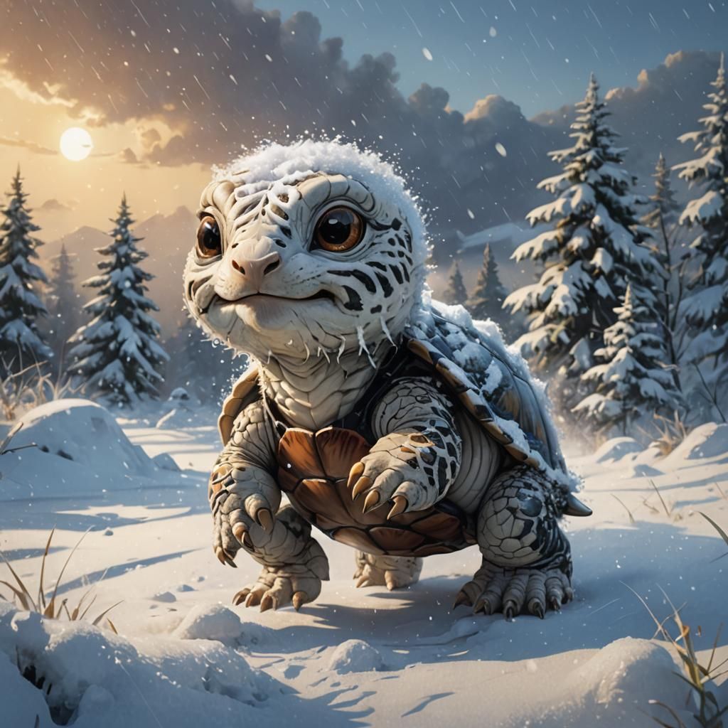 Baby Tortoise Runs Through Snowy Landscape in Miyazaki Style