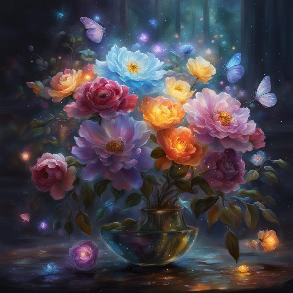 Glowing Magical Flowers with Sparkles in Hyperrealism