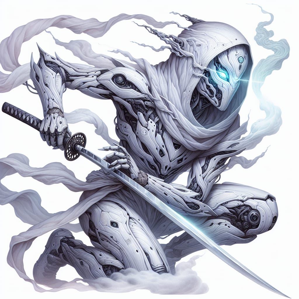 Ethereal Ghost Ninja in Futuristic Armor, Watercolor Style