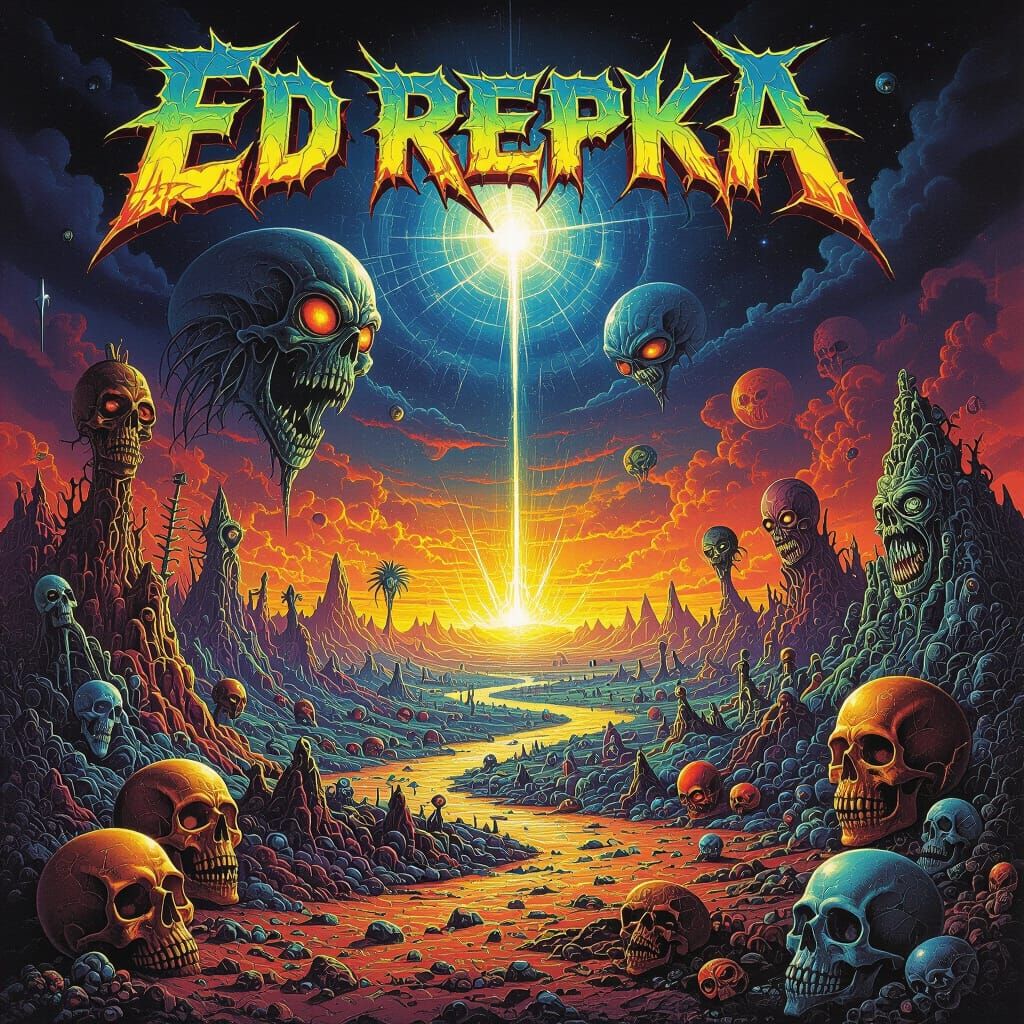 Thrash Metal Album Cover with Alien Creatures in Surreal Sty...