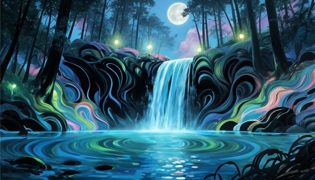 Mysterious Moonlit Waterfall Lake with Vibrant Colors