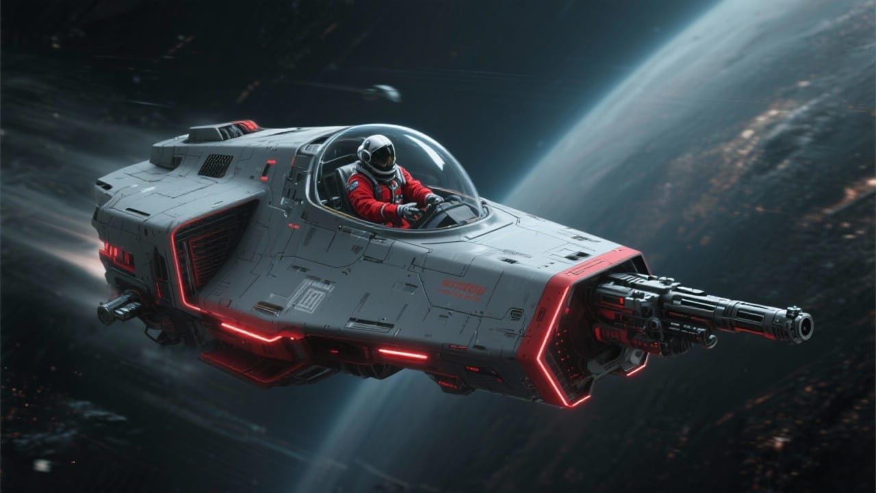 Lone Futuristic Spaceship in Neon Sci-Fi Style