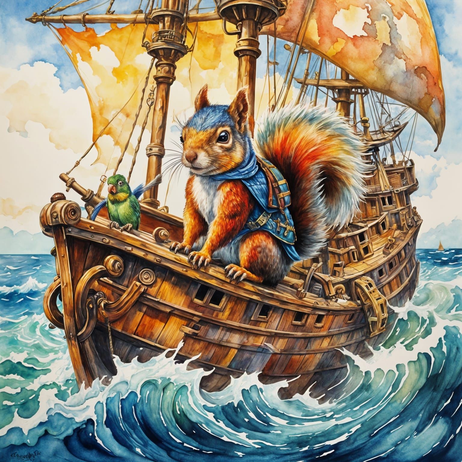 Squirrel Pirate and Parrot on Ship Deck in Watercolour