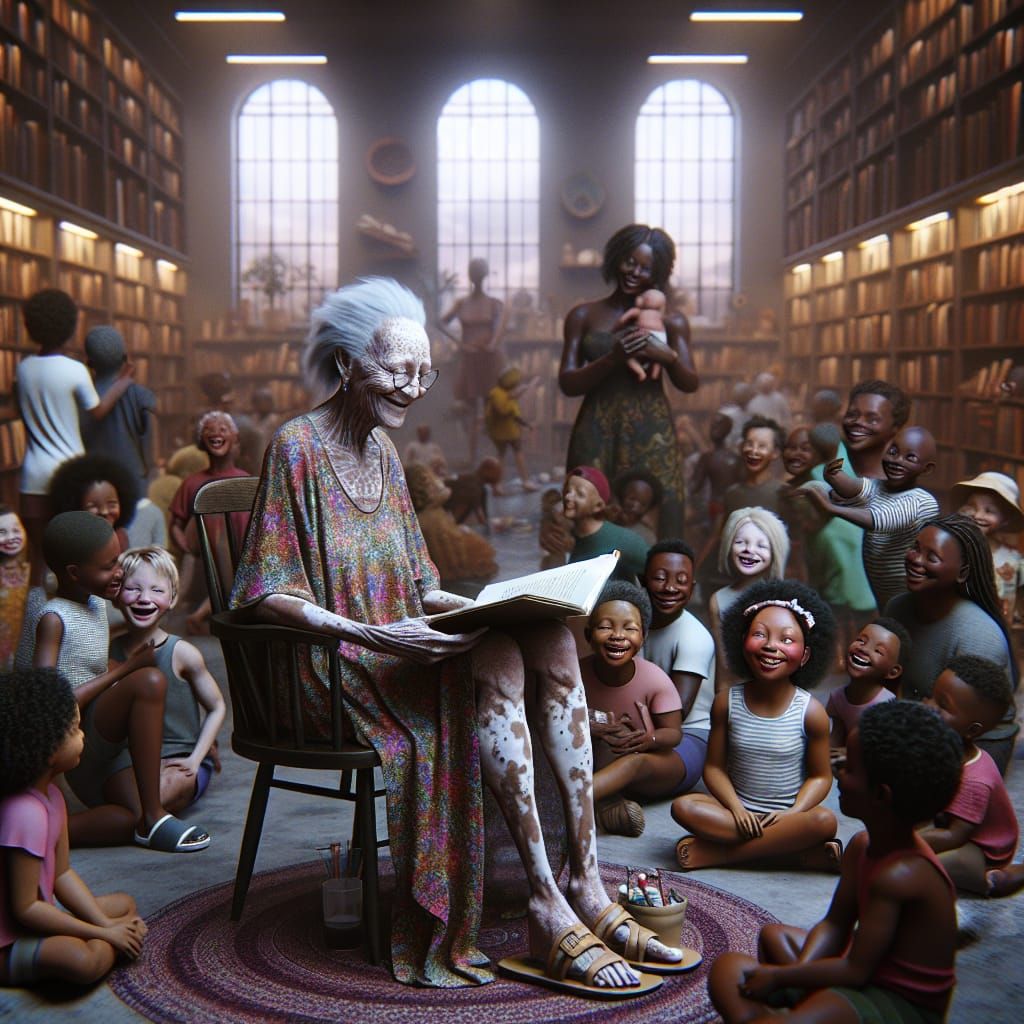Hyperrealistic Library Scene with Storytelling Woman