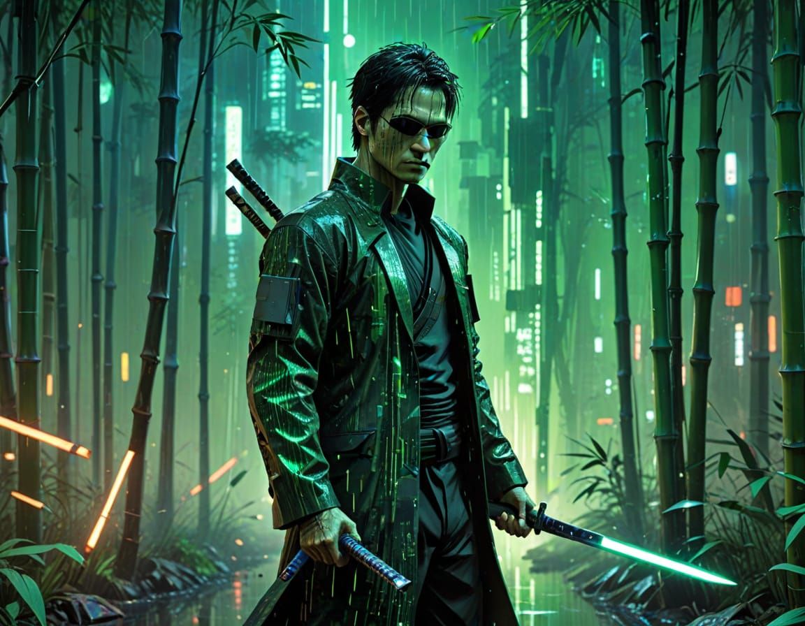 Cyber-Samurai in Glitching Neon Bamboo Forest