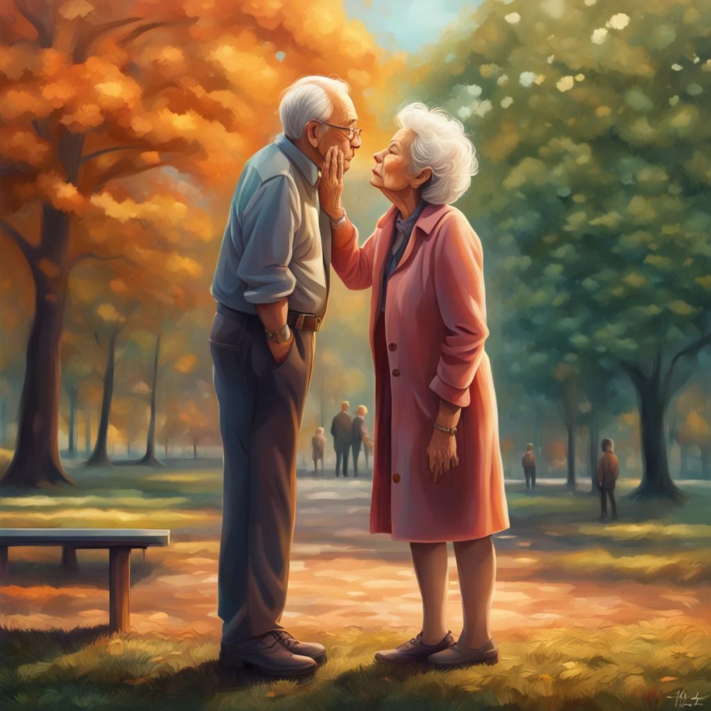 Elderly Couple's First Kiss: Hyperrealistic Splash Art