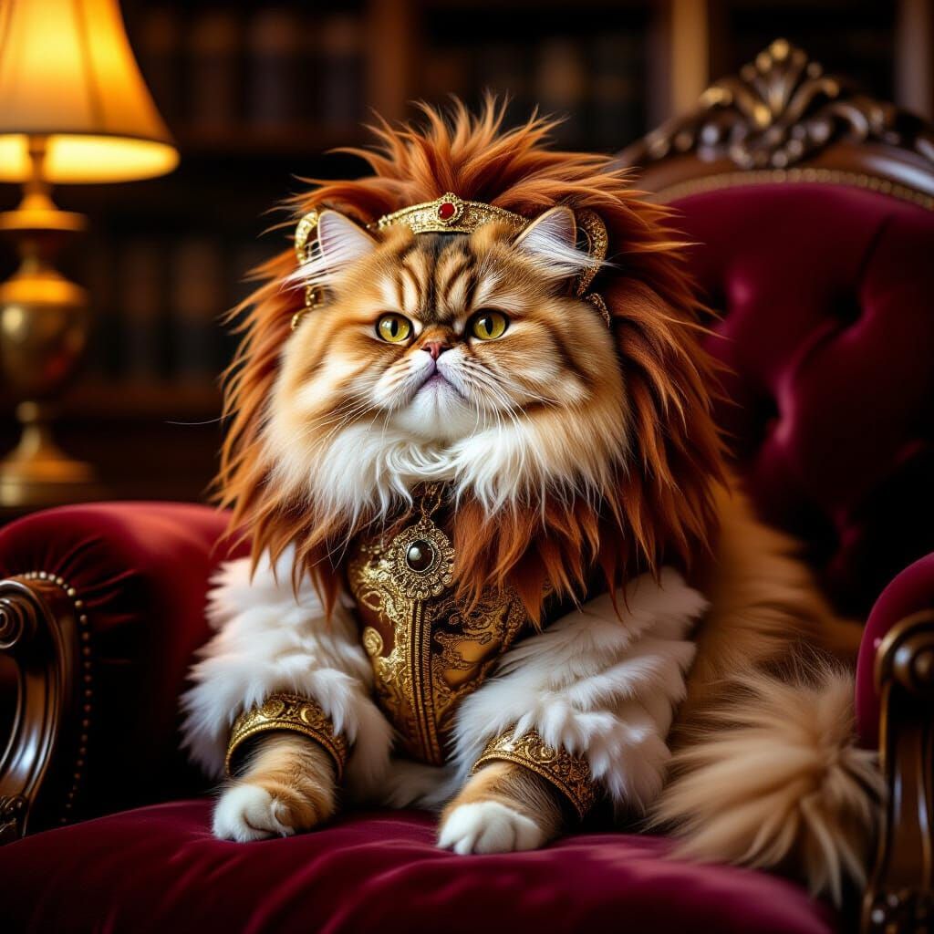 Persian Cat in Lion Costume on Velvet Cushion