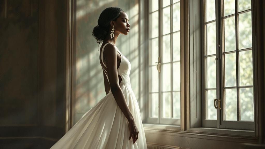 Ebony Woman in White Gown by Window, Photorealism