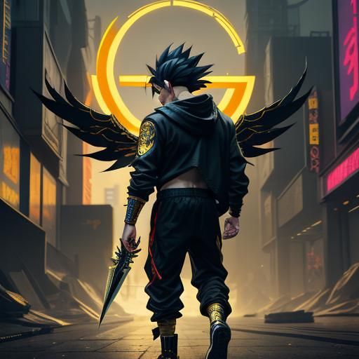 Cyberpunk Saiyan Warrior with Golden Ki Blade