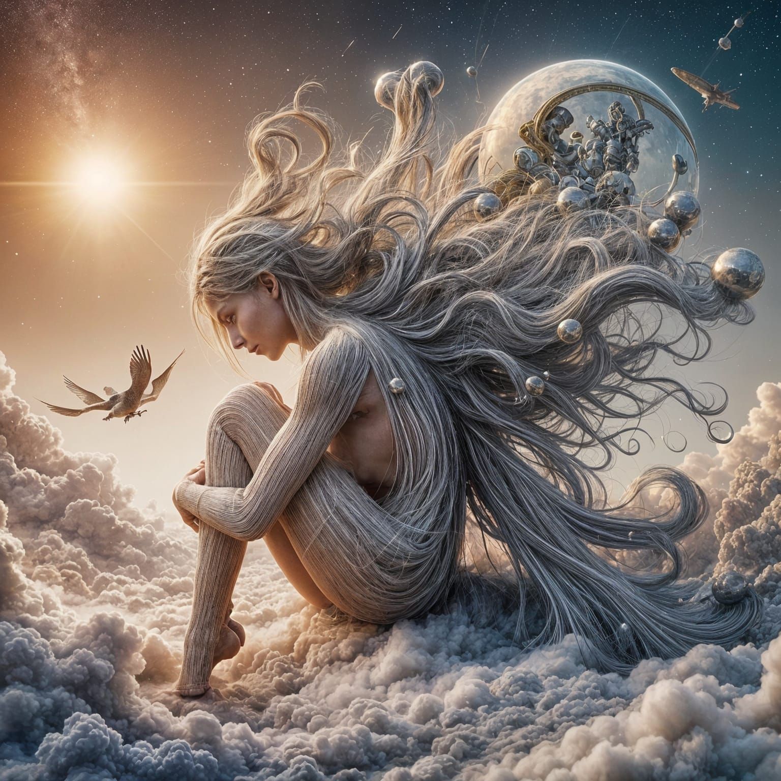 Ethereal Woman Embodied in Cosmic Clouds with Radiant Emotio...