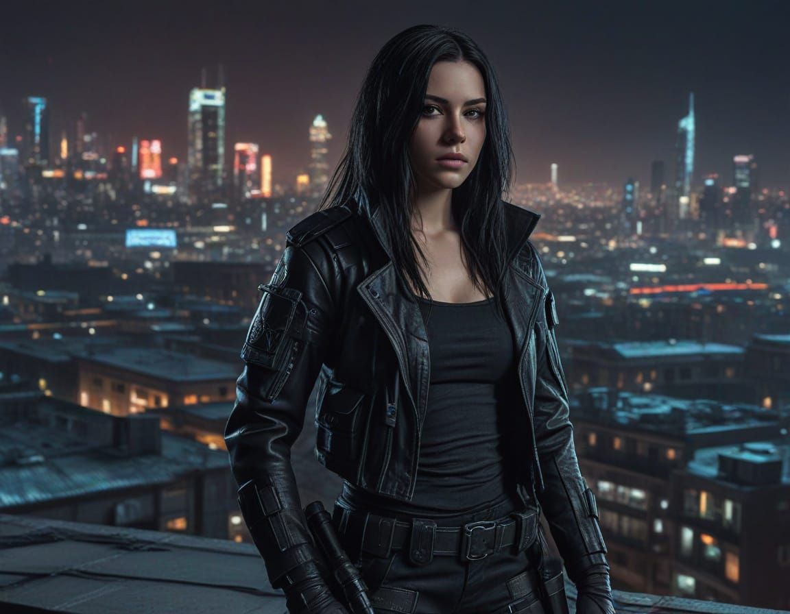 A young stocky Italian female assassin with long black hair,...