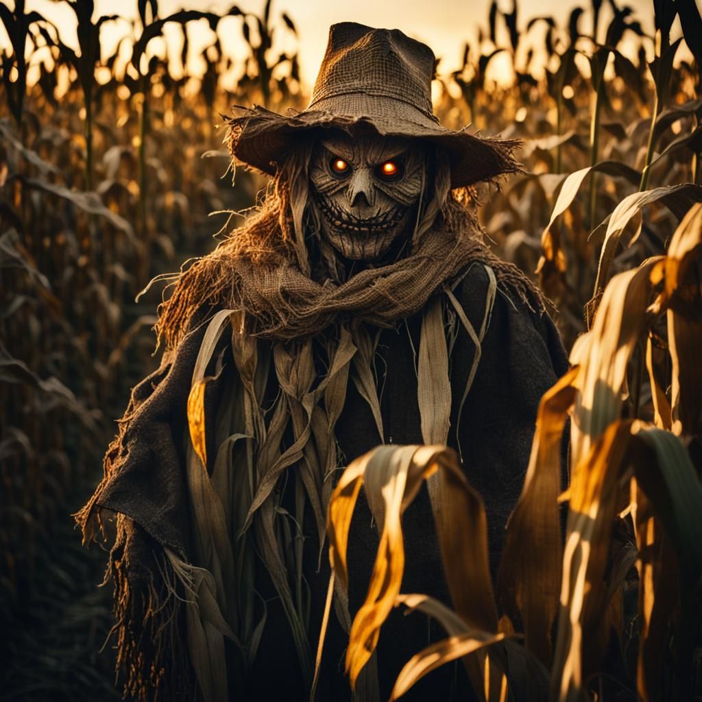 Menacing Scarecrow in Corn Maze: Dark Fantasy Horror