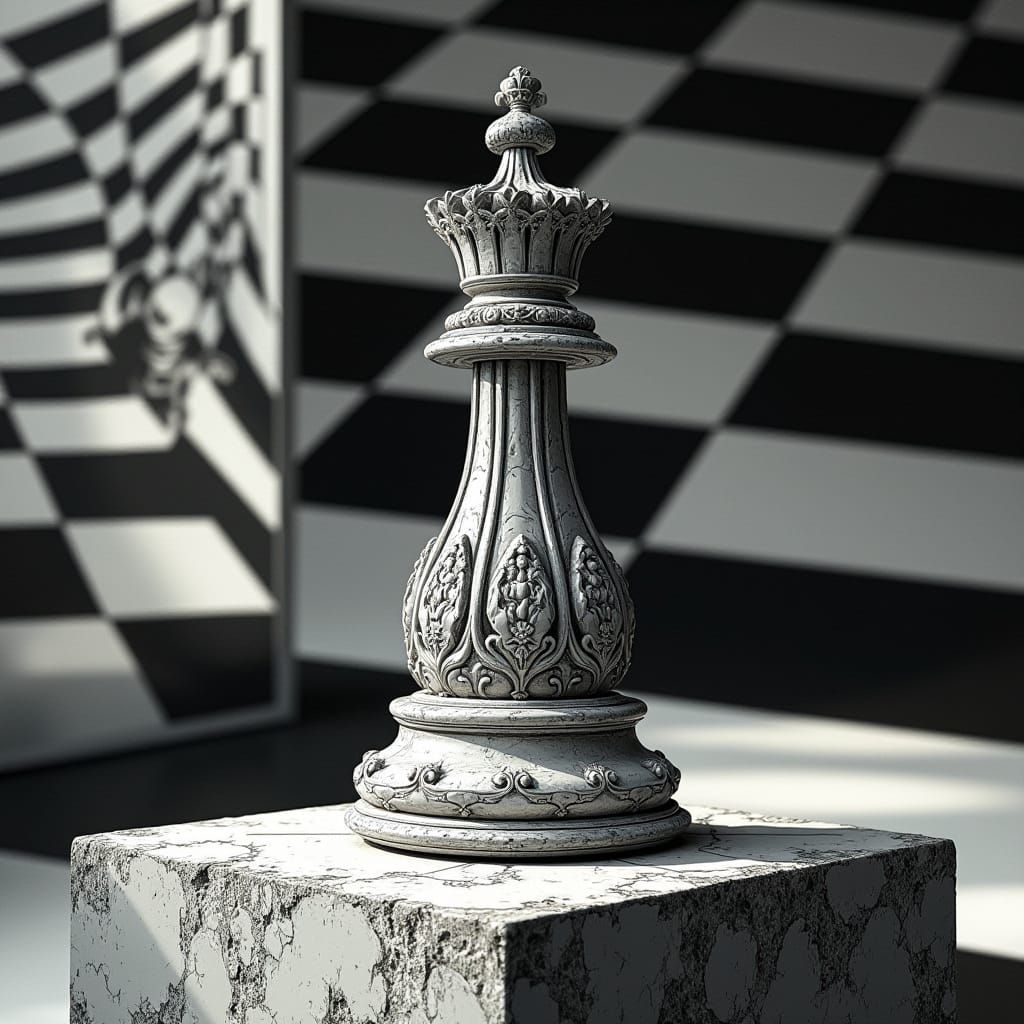Regal Chess Queen in Escher-Inspired Graphic Style