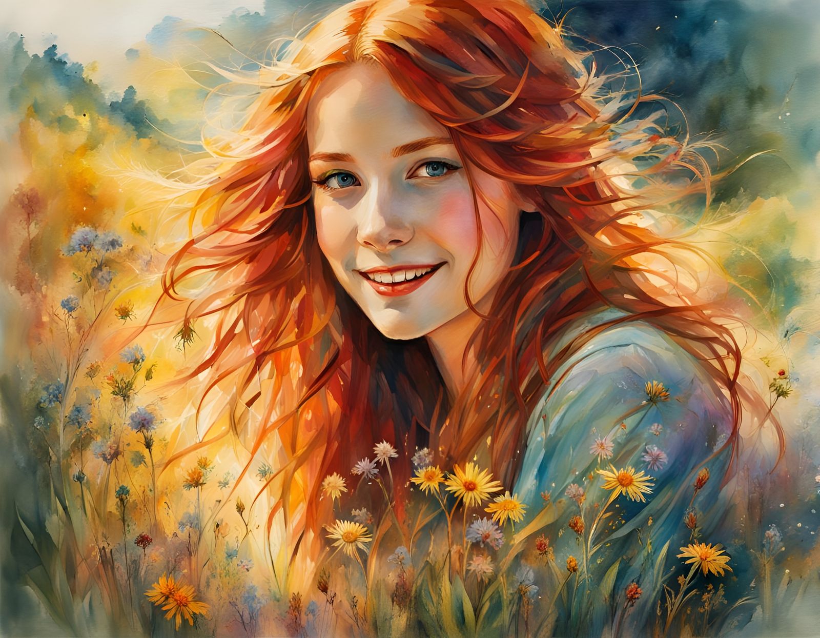 Dreamy Watercolor Girl in Double Exposure Landscape