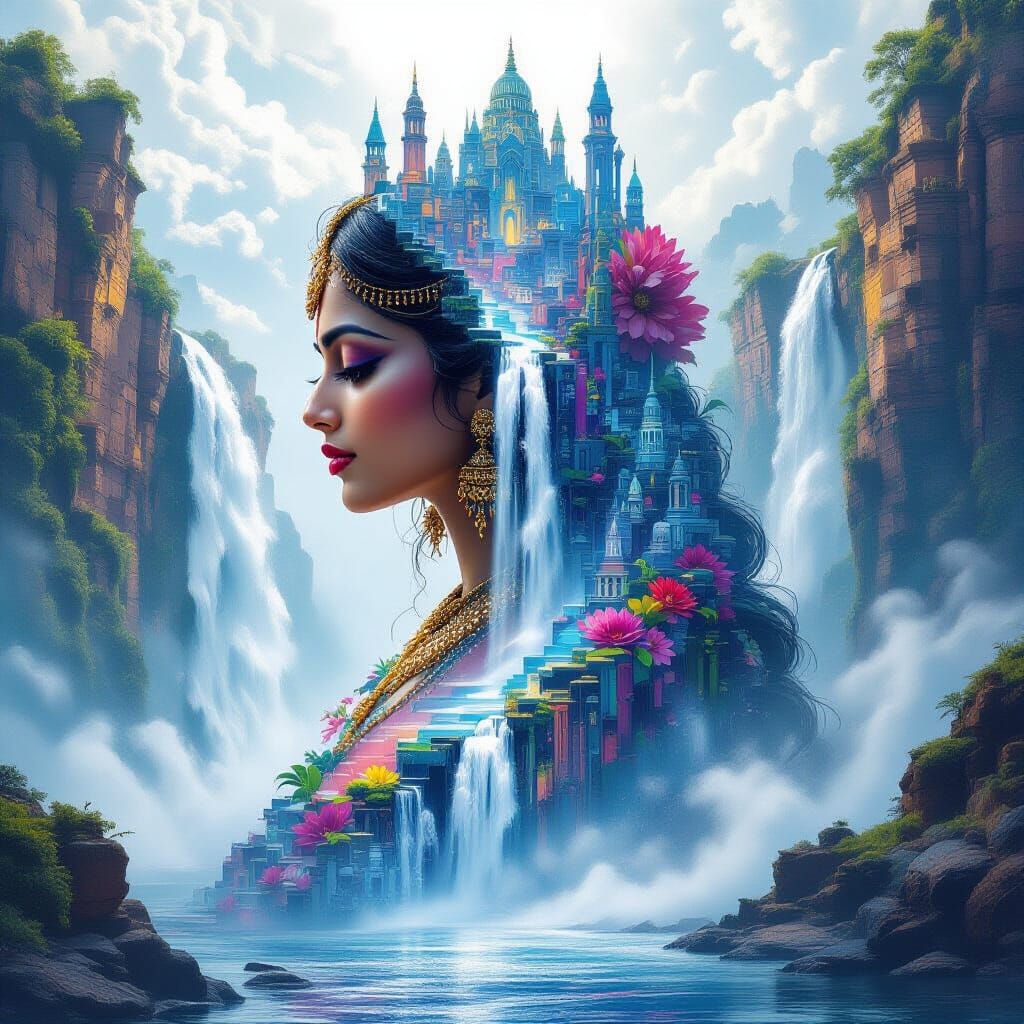 Waterfall Cityscape in Shape of Indian Woman