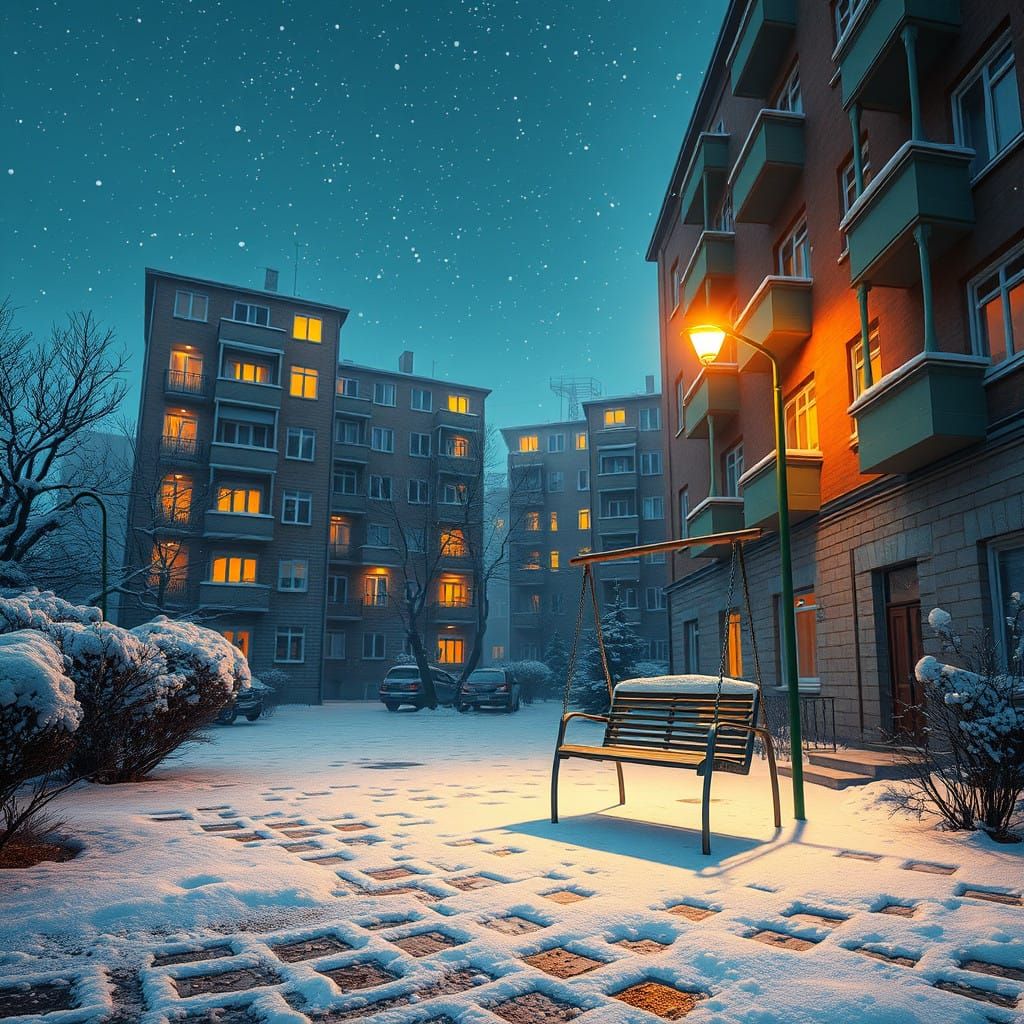 Whimsical Soviet Winter Courtyard in Neon Light