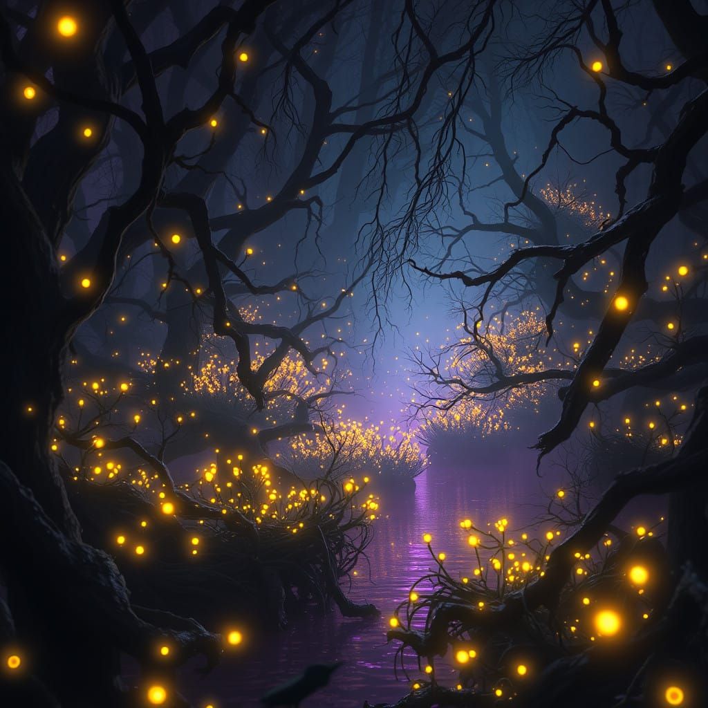 Ethereal Fireflies Swarm in Mystic Swamp Lake