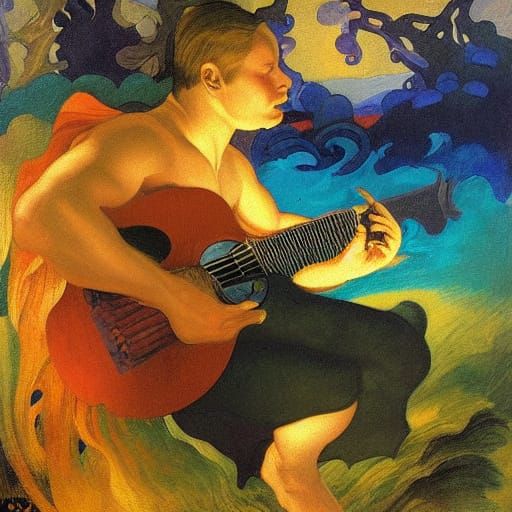 Surreal Water Man Enters Flames with Guitar in a Vibrant Oil...