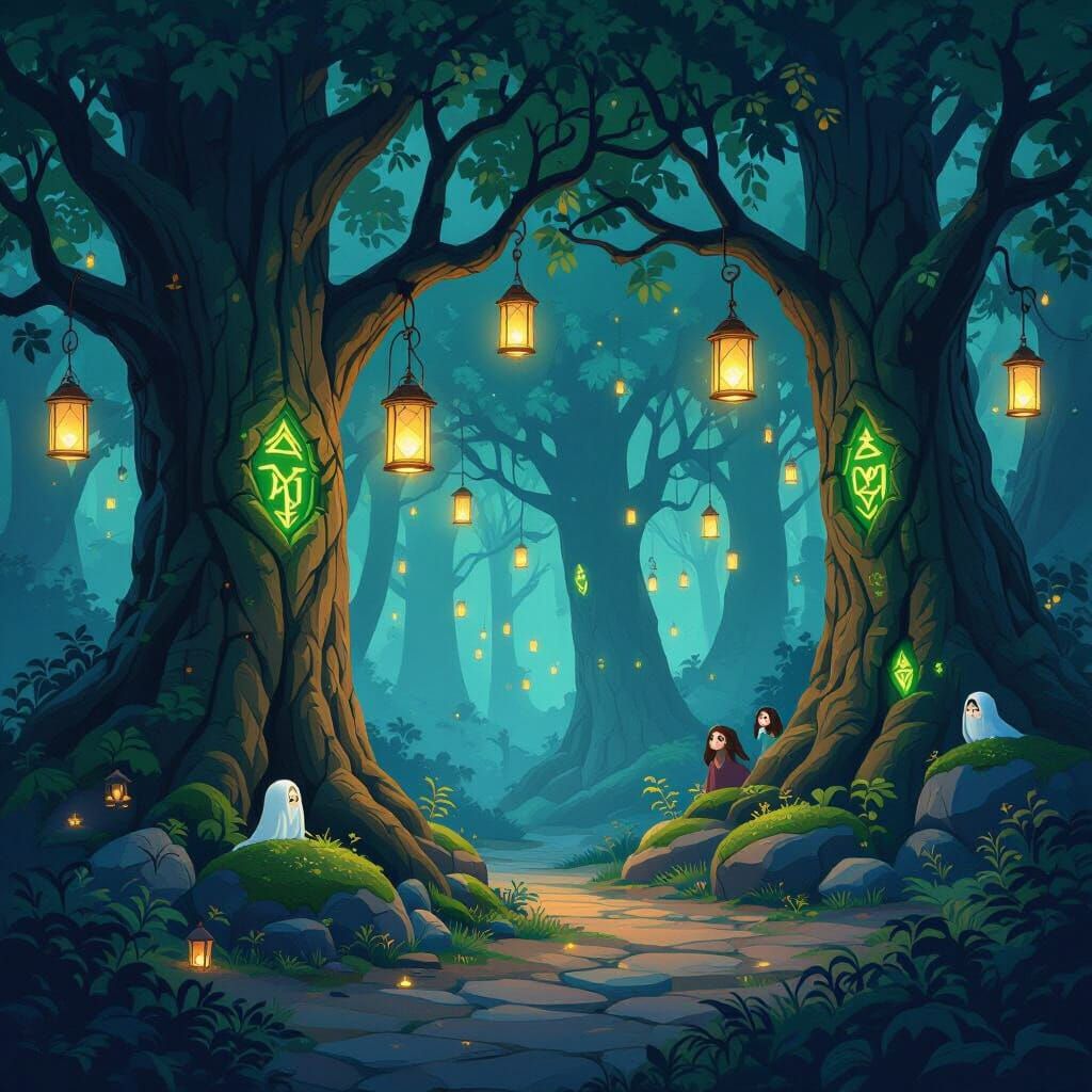 Enchanted Forest at Twilight with Floating Lanterns
