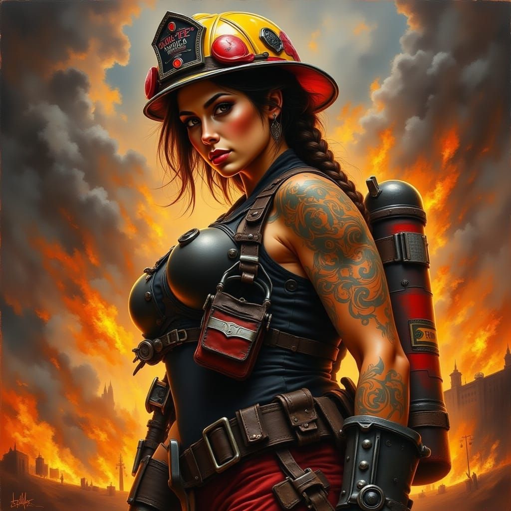 Heroic Firefighter Woman in Digital Painting Style