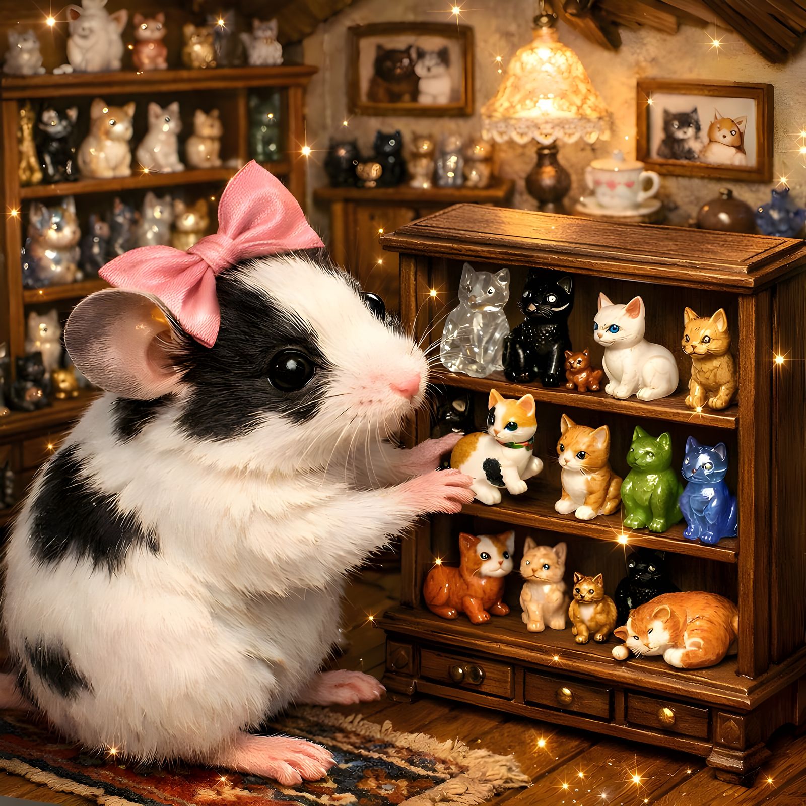 Mouse Arranges Cat Figurines in Curio Cabinet