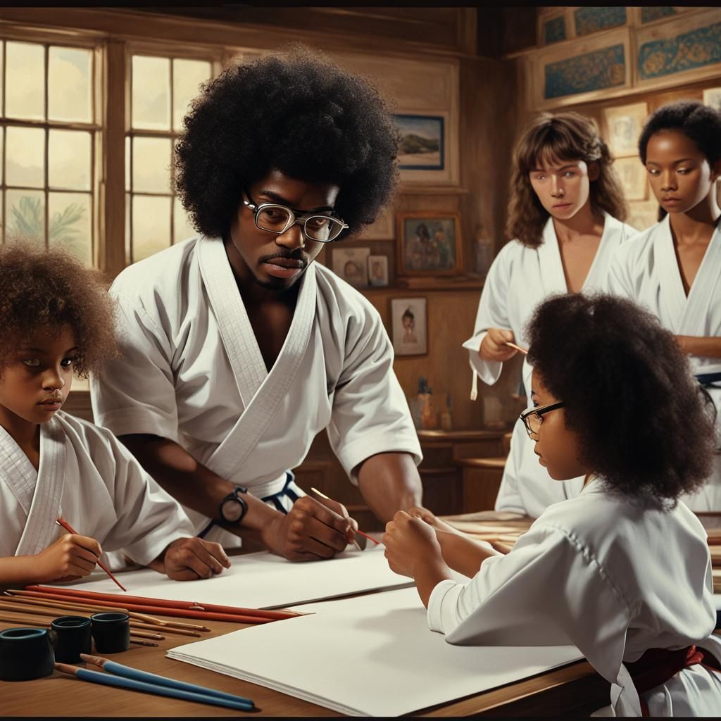 1970s Martial Arts Class in Museum, Detailed Matte Painting