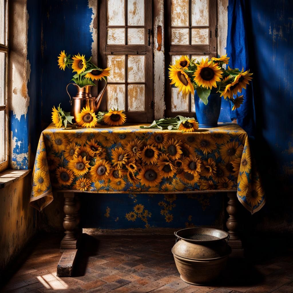 Sunflowers and Delft Blue Flowers by Window