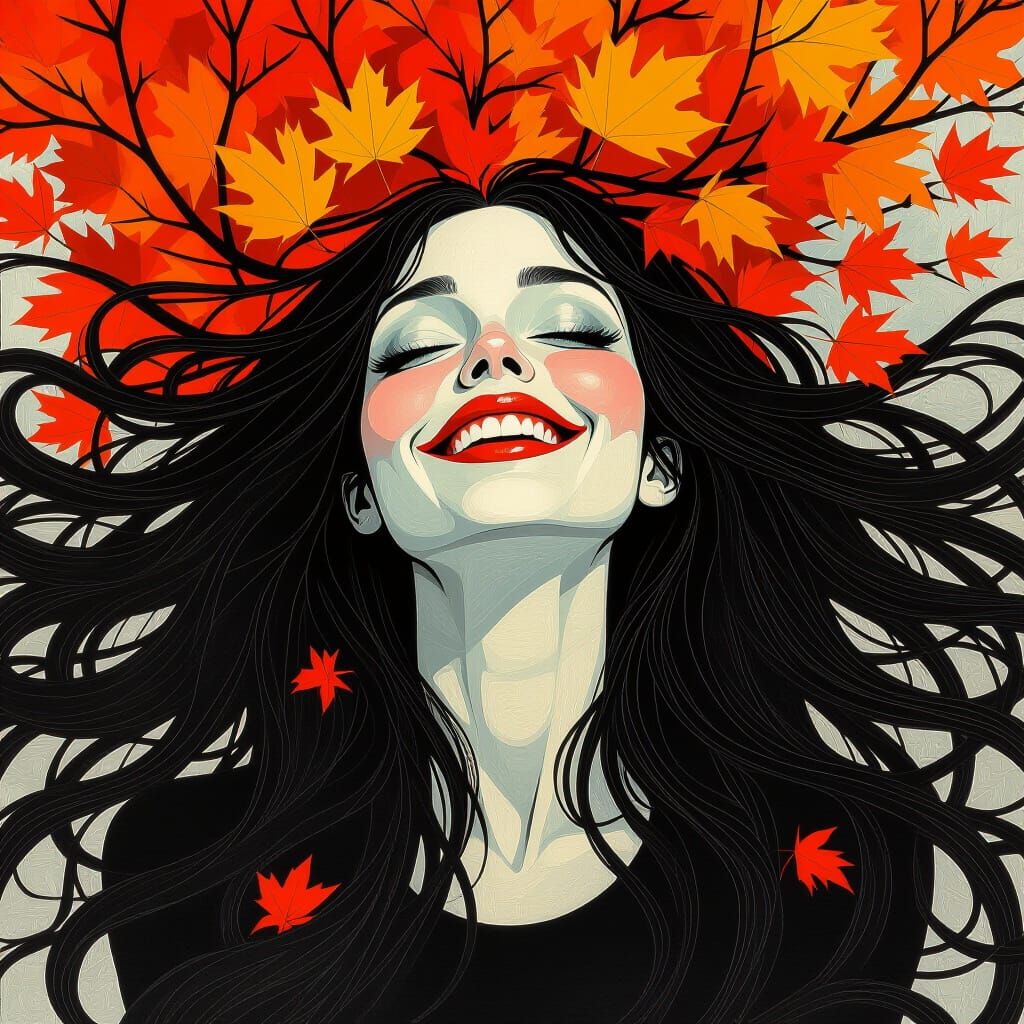 Surreal Girl Portrait with Autumn Leaves, Charcoal Art