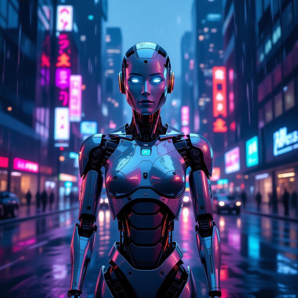 Futuristic Robot in Dystopian Metropolis, CGI Style