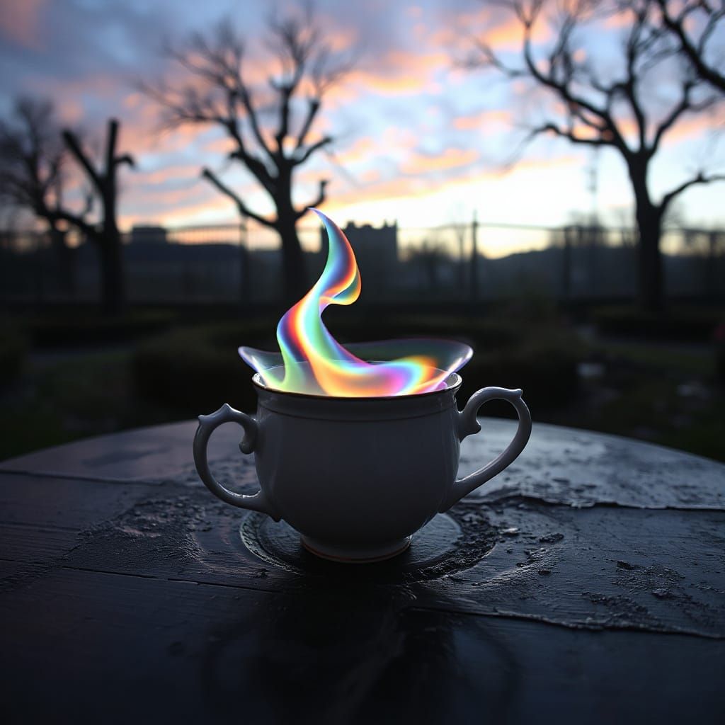 Surreal Garden Landscape with Antique Porcelain Mug