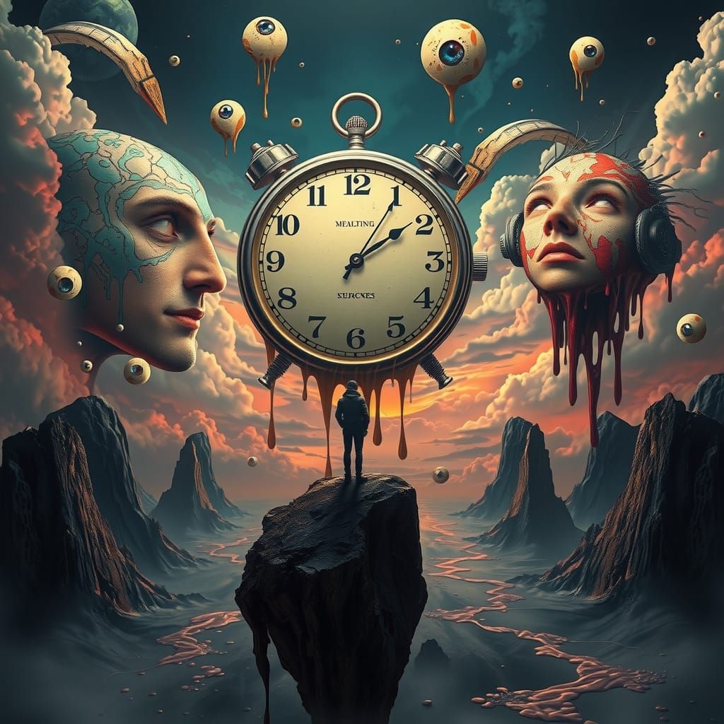 Surreal Melting Clock Landscape in Noir Palette