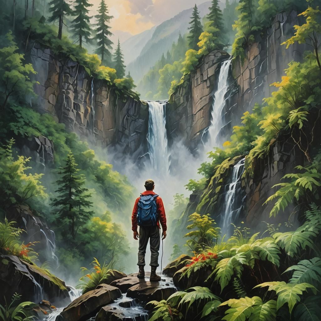 Misty Mountain Waterfall Oil Painting