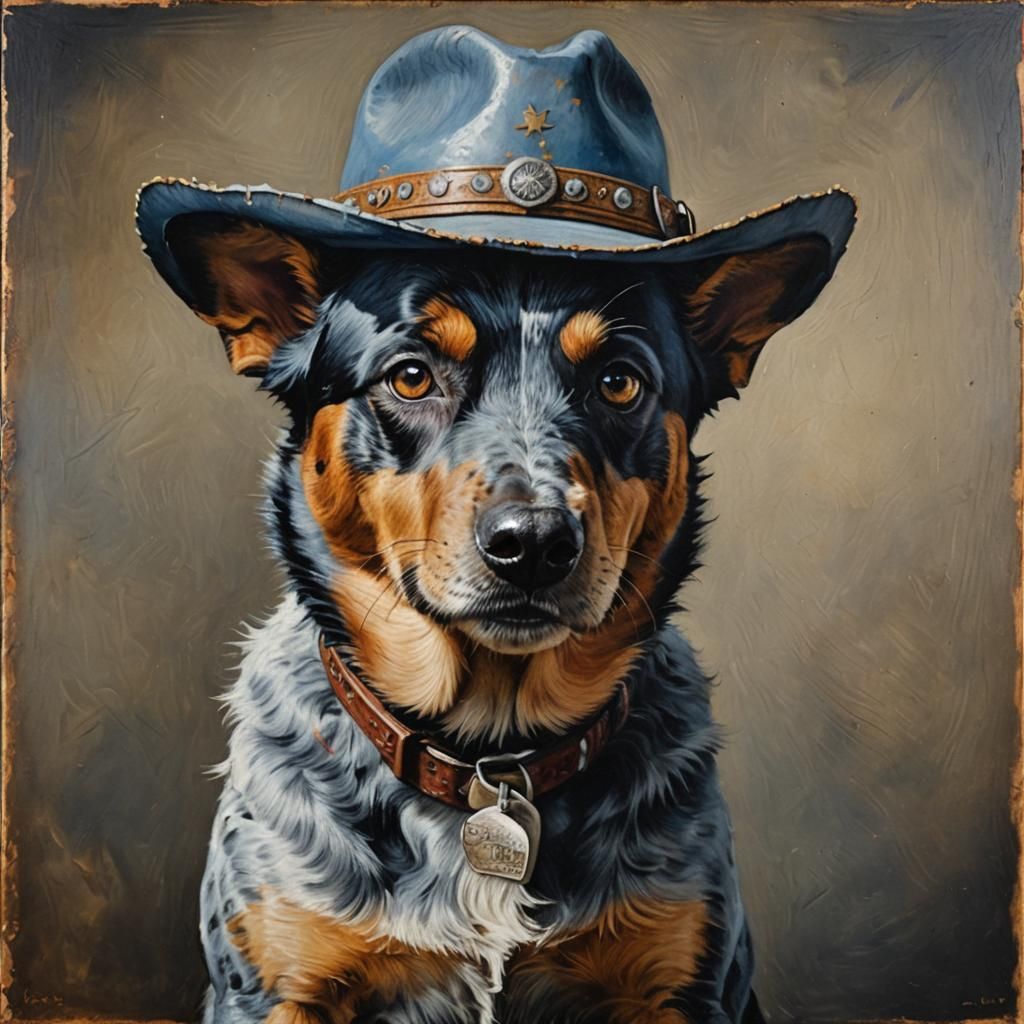 Blue Heeler in Cowboy Hat: Chiaroscuro Oil Portrait